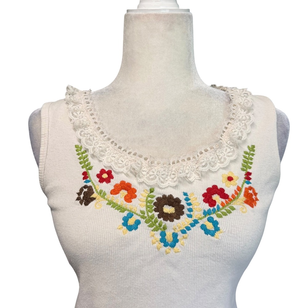 Vtg 90s Y2K Tank Top Womens L Knit Coquette Whimsigoth Fairy Floral Embroidered - Picture 12 of 15